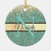 Glittery Gold Feathers Monogram Keramik Ornament (Vorne)