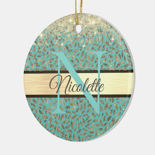 Glittery Gold Feathers Monogram Keramik Ornament (Links)