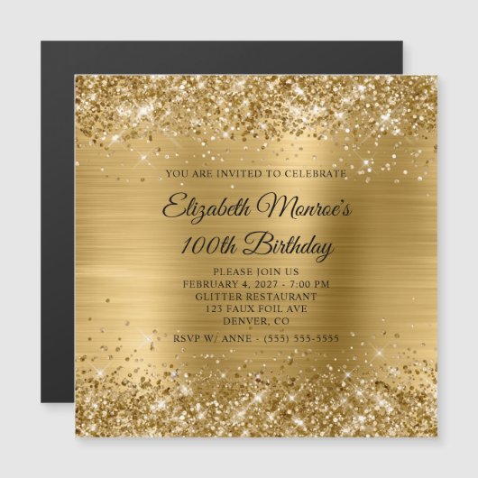 Glittery Gold Foil 100. Geburtstag Magneteinladung (Vorne/Hinten)