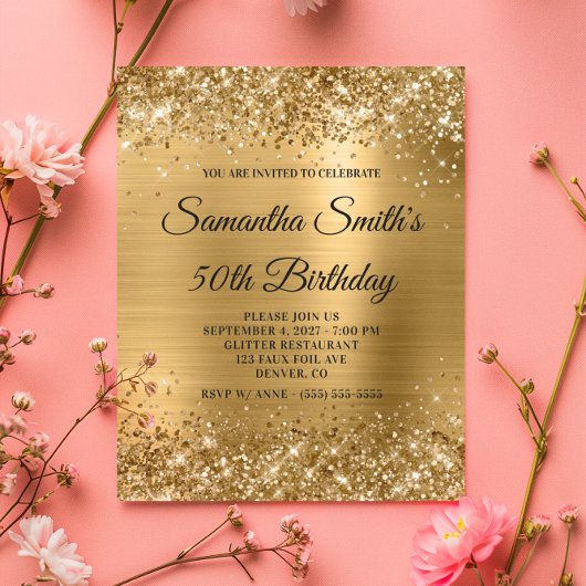 Glittery Gold Foil 50. Geburtstag Monogram Einladu Flyer