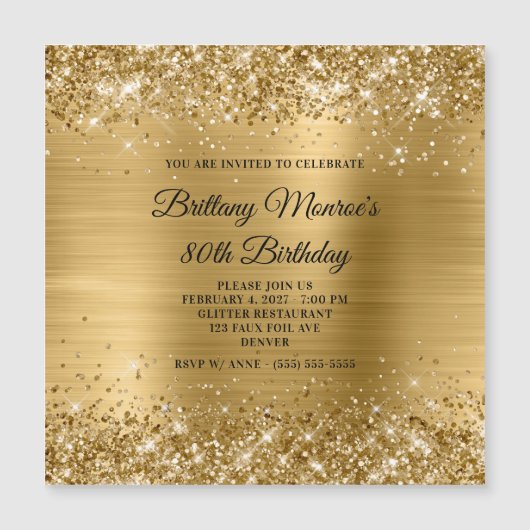 Glittery Gold Foil 80. Geburtstag Magneteinladung (Vorderseite)