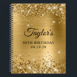 Glittery Gold Foil 90th Birthday Guest Notizblock<br><div class="desc">Erstellen Sie Ihr eigenes Gästebuchdesign aus dem 90. Geburtstag in einem leeren Notebook. Girly Imitate funkelnd Gold Glitzer auf der Oberseite und unten Rand, über einem Imitat golden gebürstet Metall Stil glänzende Folie. Passen Sie die Stile des Schriftartes an, um Ihr eigenes Gästebuch zu kreieren. Eine klassische, elegante Kalligraphie gepaart...</div>