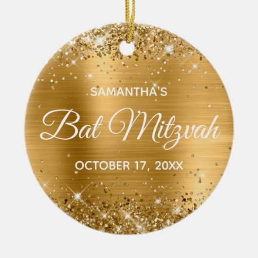 Glittery Gold Foil Bat Mitzvah Keramik Ornament (Vorne)