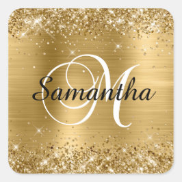 Glittery Gold Foil Classic Script M Monogram Quadratischer Aufkleber