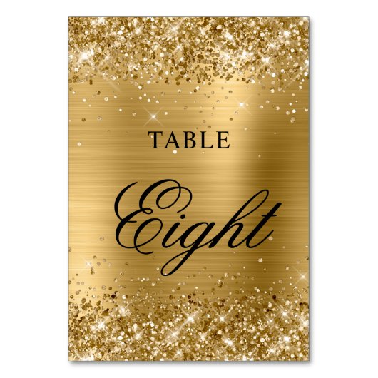 Glittery Gold Foil Extravagant Classic Calligraphi Tischnummer (Rückseite)