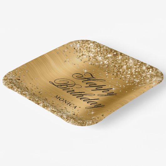 Glittery Gold Foil Extravagant Happy Birthday Pappteller (Gewinkelt)