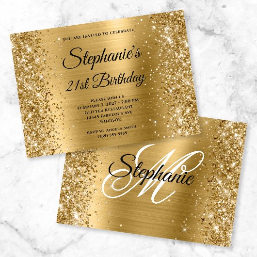 Glittery Gold Foil Extravagant Monogram 21. Geburt Einladung