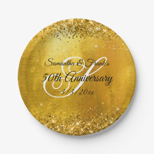Glittery Gold Foil Extravagant Monogram 50 Jahre Pappteller (Vorderseite)