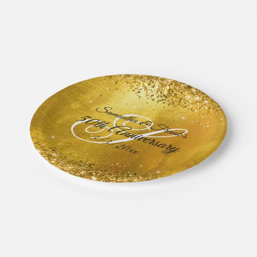 Glittery Gold Foil Extravagant Monogram 50 Jahre Pappteller (Schrägansicht)