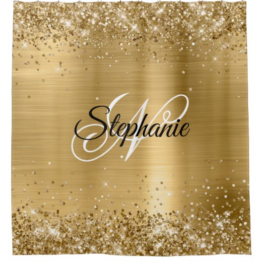 Glittery Gold Foil Extravagant Monogram Duschvorhang (Vorderseite)