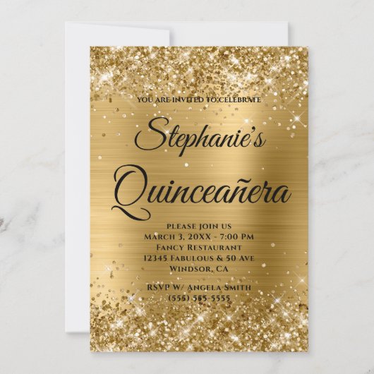 Glittery Gold Foil Extravagant Monogram Quinceañer Einladung (Vorderseite)