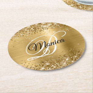 Glittery Gold Foil Extravagant Monogram Runder Pappuntersetzer