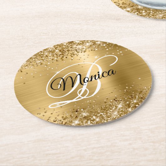 Glittery Gold Foil Extravagant Monogram Runder Pappuntersetzer (Angewinkelt)