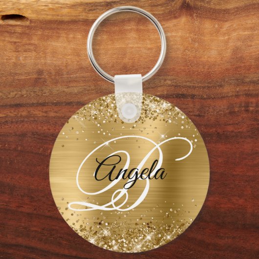 Glittery Gold Foil Extravagant Monogram Schlüsselanhänger (Vorderseite)