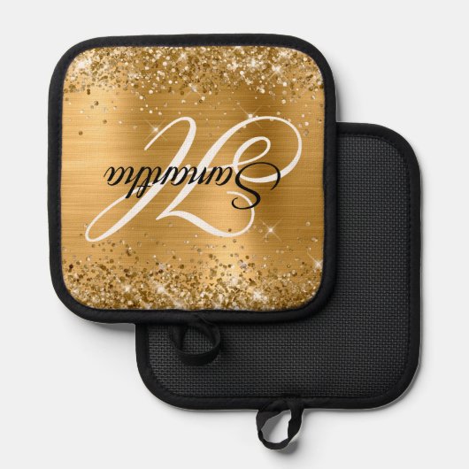 Glittery Gold Foil Extravagant Monogram Topflappen (Vorderseite/Rückseite)