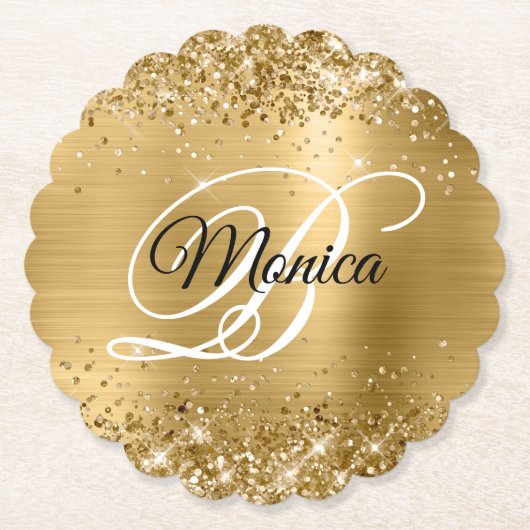 Glittery Gold Foil Extravagant Monogram Untersetzer (Vorderseite)