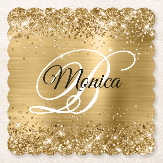 Glittery Gold Foil Extravagant Monogram Untersetzer (Vorderseite)