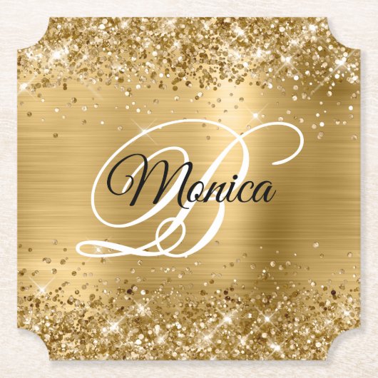 Glittery Gold Foil Extravagant Monogram Untersetzer (Vorderseite)