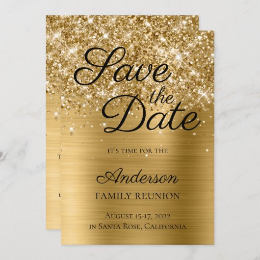 Glittery Gold Foil Family Wiedersehen Save The Date (Vorne/Hinten)