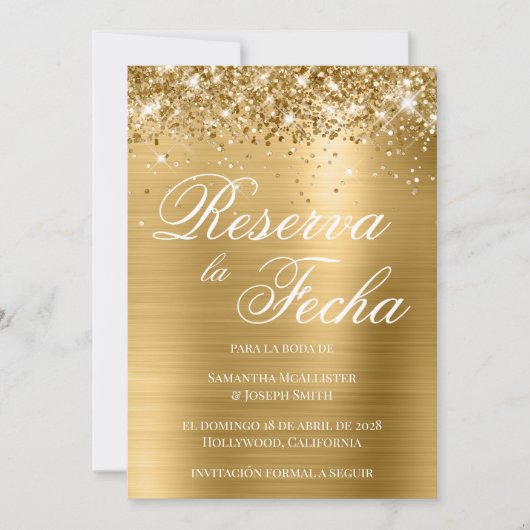 Glittery Gold Foil Foto Reserva La Fecha Einladung (Vorderseite)