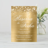 Glittery Gold Foil Foto Reserva La Fecha Einladung (Stehend Vorderseite)