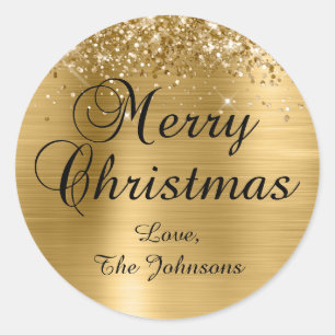Glittery Gold Foil Frohe Weihnachtsfamilie Runder Aufkleber