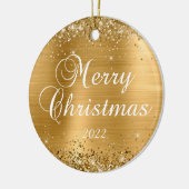 Glittery Gold Foil Frohe Weihnachtsfeier Foto Keramik Ornament (Links)