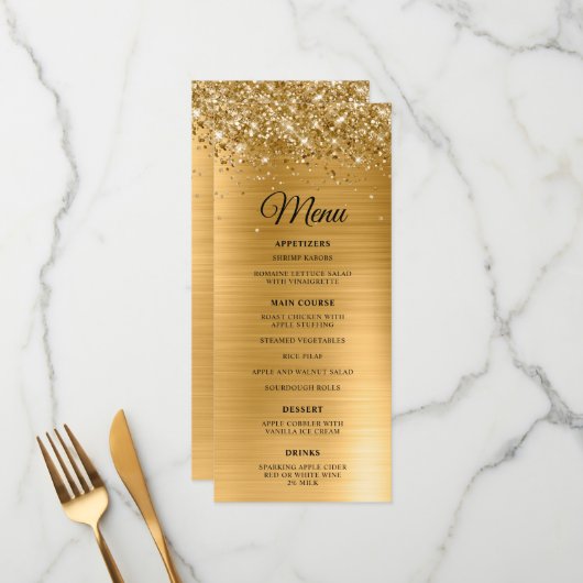 Glittery Gold Foil Hochzeit Empfang Menükarte (Vorderseite/Rückseite Beispiel)