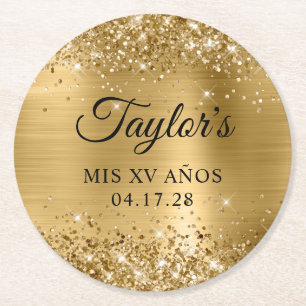 Glittery Gold Foil Mis XV Anos Birthday Runder Pappuntersetzer