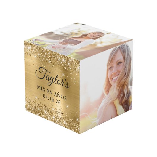 Glittery Gold Foil Mis XV Años Foto Würfel (Vorderseite Schrägansicht)