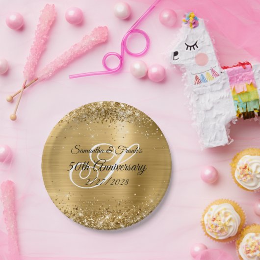 Glittery Gold Foil Mit Monogramm 50 Jahre alt Pappteller (Party)