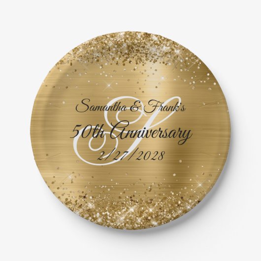 Glittery Gold Foil Mit Monogramm 50 Jahre alt Pappteller (Vorderseite)