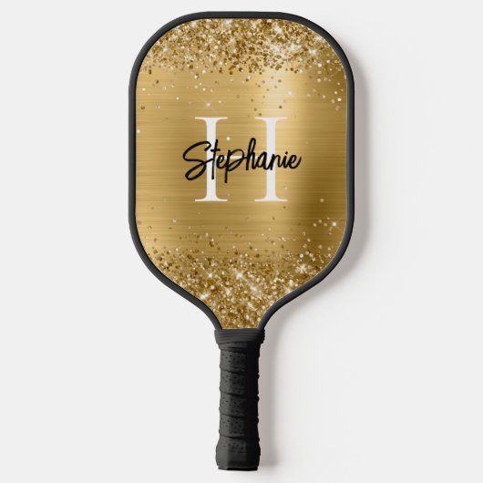Glittery Gold Foil Mit Monogramm Pickleball Schläger (Rückseite)