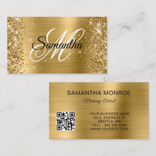 Glittery Gold Foil Monogram QR Code Visitenkarte (Vorne/Hinten)