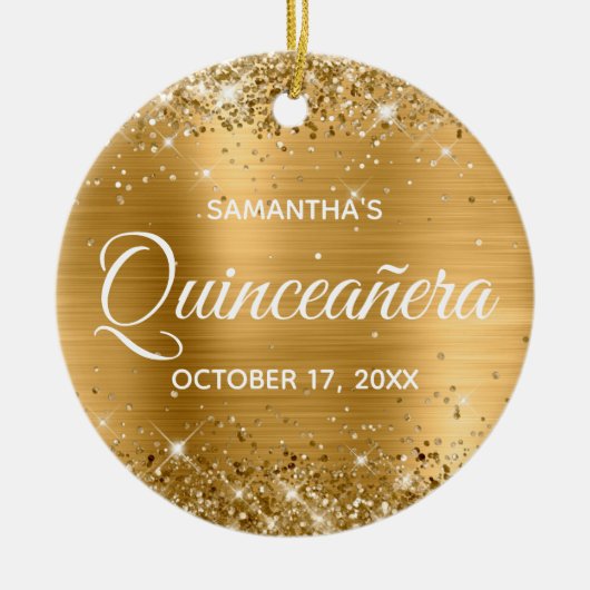 Glittery Gold Foil Quinceñera Keramik Ornament (Vorne)
