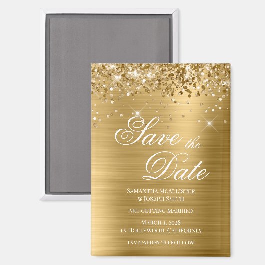 Glittery Gold Foil Save the Date Magnet (Vorderseite/Rückseite)