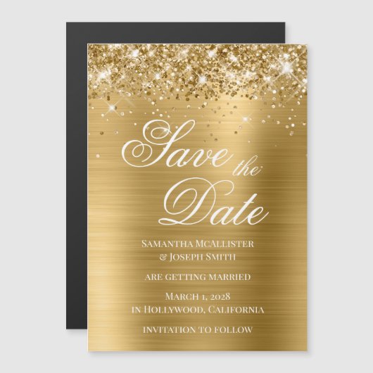 Glittery Gold Foil Save the Date Magneteinladung (Vorne/Hinten)