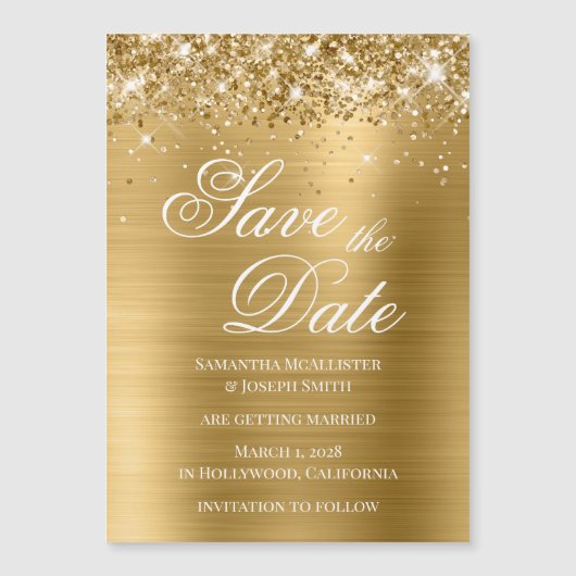 Glittery Gold Foil Save the Date Magneteinladung (Vorderseite)