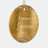 Glittery Gold Foil Season's Greetings Foto Keramik Ornament (Rechts)
