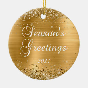 Glittery Gold Foil Season's Greetings Foto Keramik Ornament