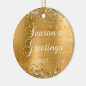 Glittery Gold Foil Season's Greetings Foto Keramik Ornament (Links)