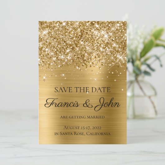 Glittery Gold Foil Wedding Save The Date (Stehend Vorderseite)