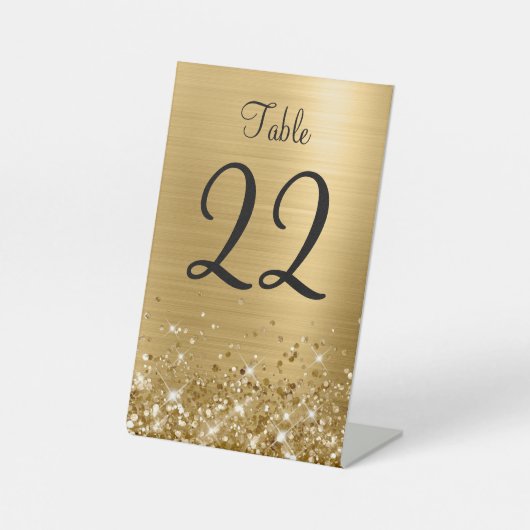Glittery Gold Foil Wedding Tischnummer Sign Sockelschild (Vorderseite)