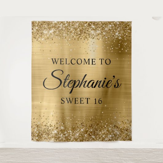 Glittery Gold Foil Willkommen im Sweet 16 Wandteppich (Vorderseite)