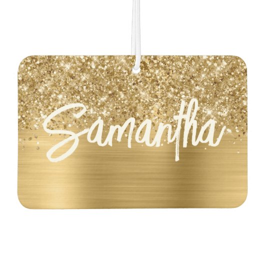Glittery Gold Glam Brush Script Name Autolufterfrischer (Vorderseite)
