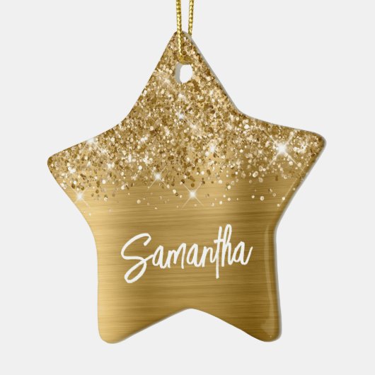 Glittery Gold Glam Brush Script Name Keramik Ornament (Links)