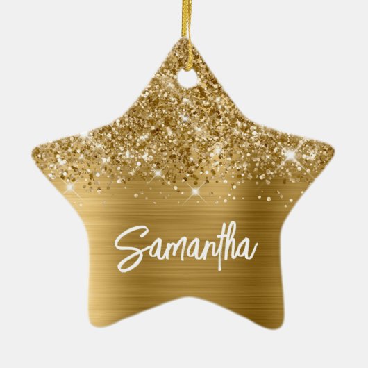 Glittery Gold Glam Brush Script Name Keramik Ornament (Hinten)