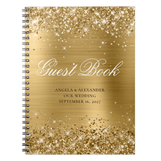 Glittery Gold Glam Classic Script Guestbook Notizblock (Vorderseite)