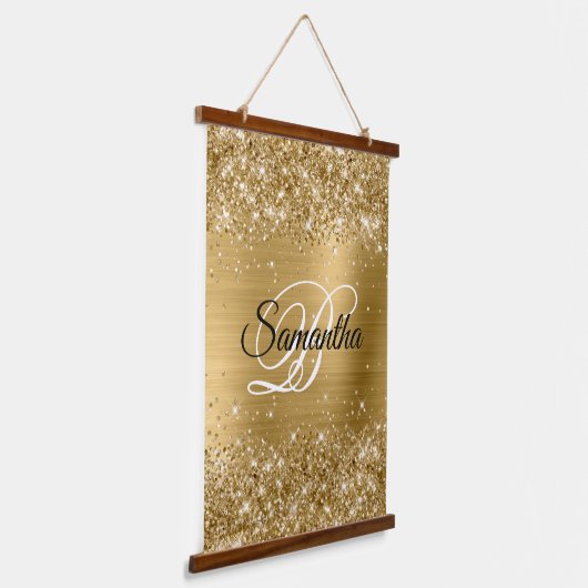 Glittery Gold Glam Extravagant Monogram Wandteppich Mit Holzrahmen (Gewinkelt)