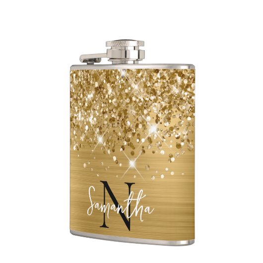 Glittery Gold Glam Mit Monogramm Flachmann (Links)